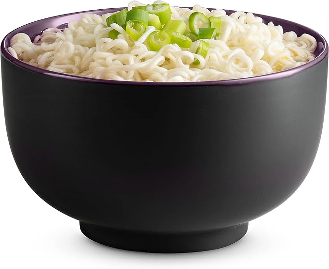 KooK Ramen Bowl, Japanese Bowls, Noodle Bowls, Large Soup Bowl, Ceramic, Large Capacity, For Ramen, Pho, Udon, Soba, Microwave and Dishwasher Safe, 34 oz, Set of 4 (Black/Plum)