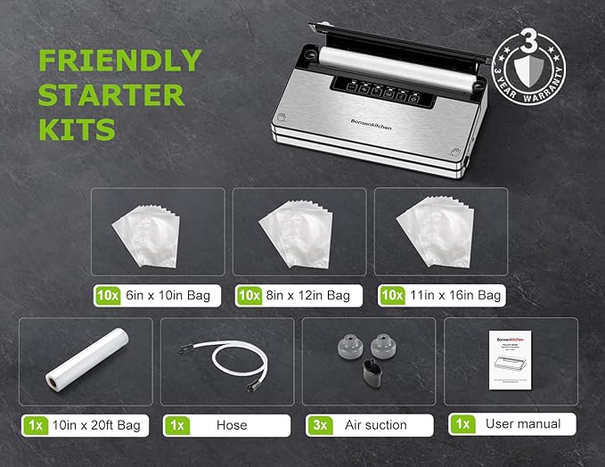 Bonsenkitchen Vacuum Sealer Machine, Stainless Steel Food Sealer Vacuum Sealers with 30 Bags & 1 Roll, 5 Food Vacuum Modes, Built-in Cutter & Bag Storage, Climate Pledge Friendly (Silver Black)