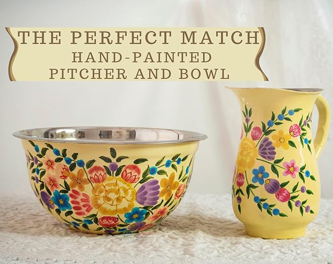 Large Hand Painted Stainless Steel Fruit Bowl - Decorative Floral for Salad Mixing and Serving - Traditional Kashmiri Art for Home Decor (Cream)