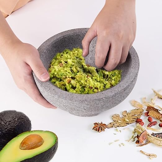 Luvan Large Mortar and Pestle Set,4 Cups Unpolished Granite Natural Stone Grinder Bowl for Molcajete Guacamole Bowl Crushing/Mexicano Guacamole,Spices Grinder,Herb Crusher,Salsa Pesto-8IN/Gray