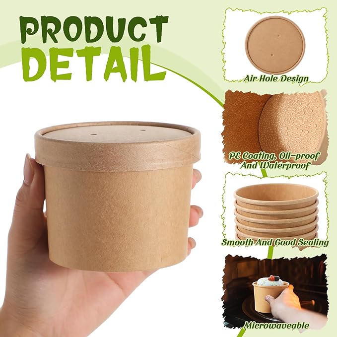 Fulmoon 100 Pack Paper Soup Containers with Lids Disposable Paper Food Containers with Vented Lids Kraft Ice Cream Bowls Soup Cup Ice Cream Cups for Restaurants(12 oz,Brown)