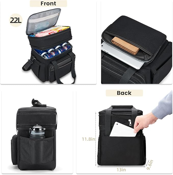 Insulated Lunch Bag & Lunch Box for Men - Double Deck Reusable Lunch Bag for Women Tote Cooler Bag Leakproof Soft Expandable - Extra Large Lunchbox for Work/Adult/Picnic/Outdoor (Black,22L)
