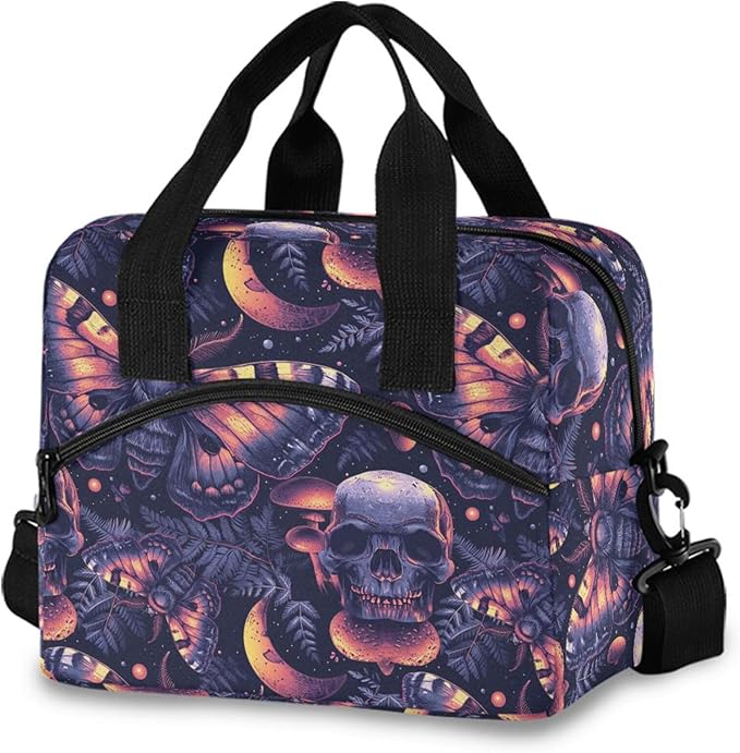 MNSRUU Insulated Lunch Bag Gothic Skull Butterfly Women Men Fabric Dinner Tote Cooler Bag Reusable Leakproof Lunch Box with Adjustable Shoulder Handles Strap For Work School