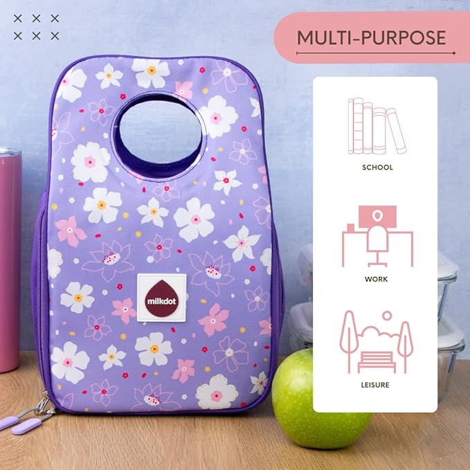 Designer Insulated Lunch Bag, Purple, Reusable Cooler Tote for Food & Drinks, Perfect for Women, Men, Boys, Girls, Stylish for kids ages 3+ (Flower)