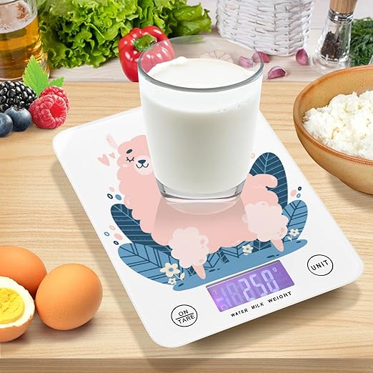 Food Scale Kitchen Digital Scale Food Ounces and Grams Dieting Baking Cooking Waterproof Glass Panels LCD Display,4 Units Scale Tare Function Cute Alpaca