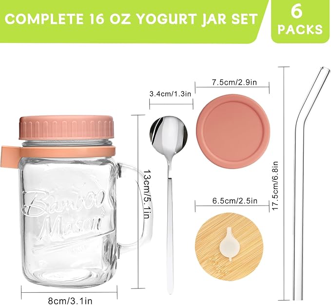 ANOTION Overnight Oats Containers with Lids and Spoons - 16 oz Mason Jars with Handle Set of 6 - Airtight Glass Meal Prep Containers for Oats Overnight, Yogurt Oatmeal Cereal Pudding Cups with Lids