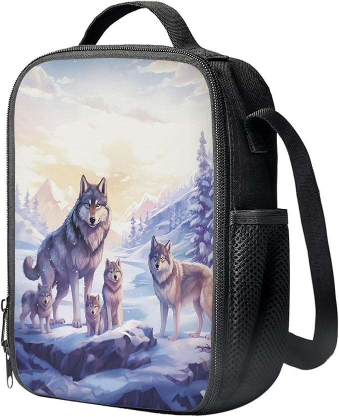 Dolyues Wolf Pattern Bookbag Backpacks Casual Daypack with Lunch Bag Pencil Case Set 3 Piece Backpack Set for Pre-School Girls & Boys Cool Kids 17" School Bag