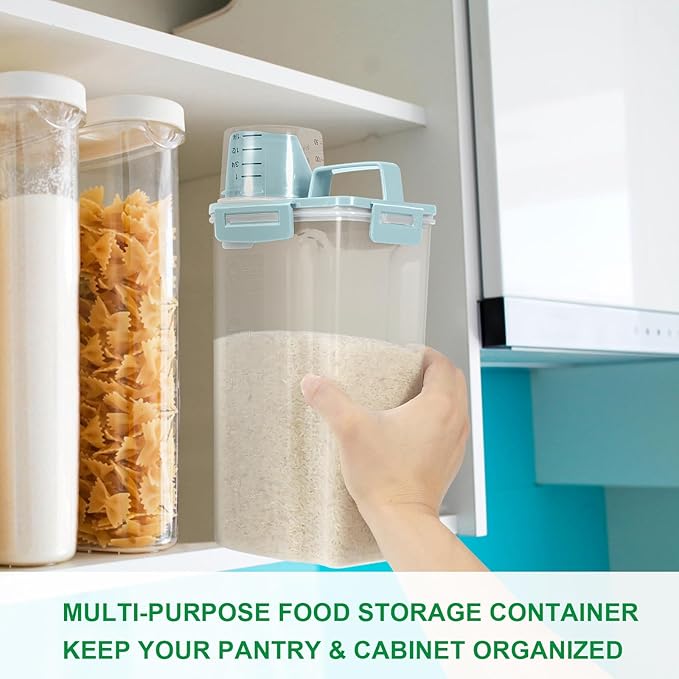 TBMax Rice Container Cereal Storage Container 2 Pack 5 Lbs, Plastic Kitchen Pantry Food Storage Container with Cup, Small Pet Dog Cat Food Container Dispenser -Blue