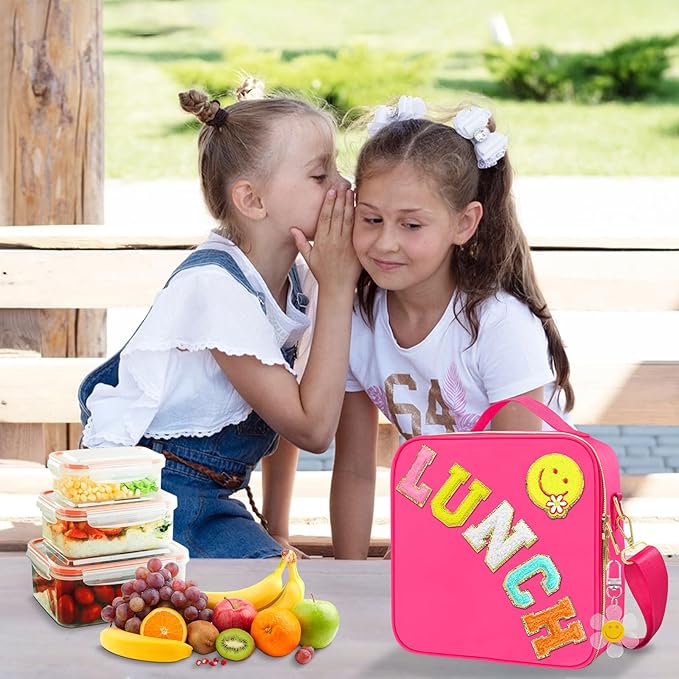 Lunch Box for Girls Women, Preppy Lunch Box for Teen Girls, Insulated Girls Lunch Bag for Kids, Large Reusable Cute Cooler Bag with Adjustable Shoulder Straps,Perfect for School Travel Picnic(Pink)