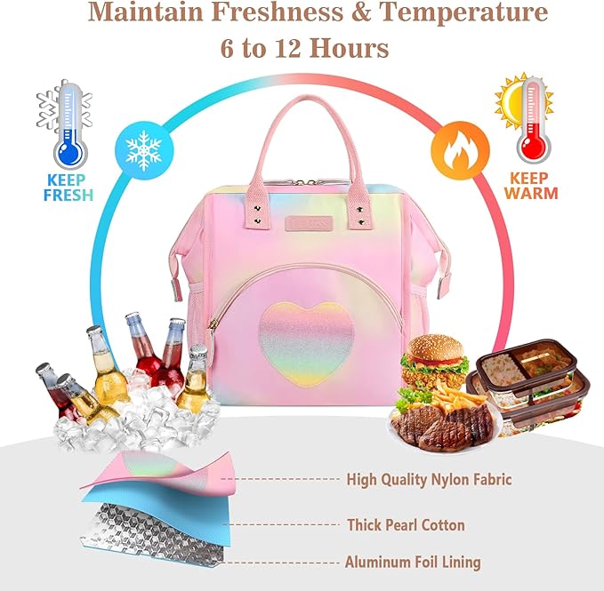 LOKASS Lunch Bag Insulated Lunch Box Wide-Open Lunch Tote Bag Large Drinks Holder Durable Thermal Snacks Organizer for Women Adults Work Picnic Hiking Beach,Heart Colorful