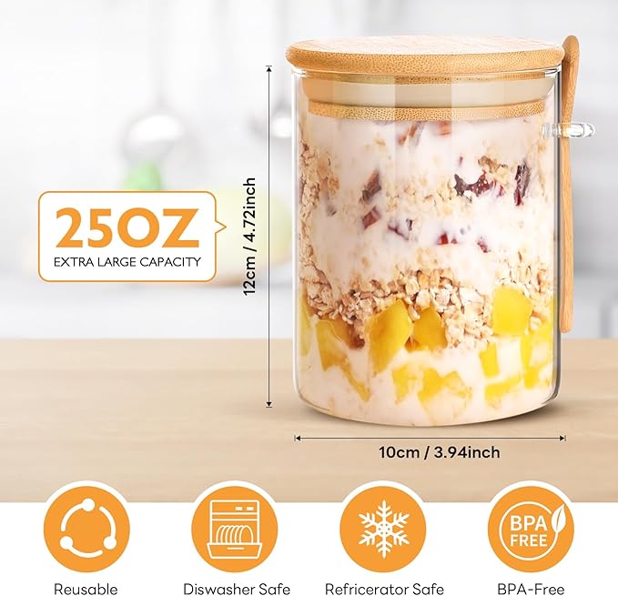 2 Pack 25oz Large Overnight Oats Containers with Lids, Overnight Oats Jars with Spoons, Glass Jars with bamboo Lids,salad jars with lids meal prep for Chia Seed Pudding Yogurt Cereal Coffee Flour