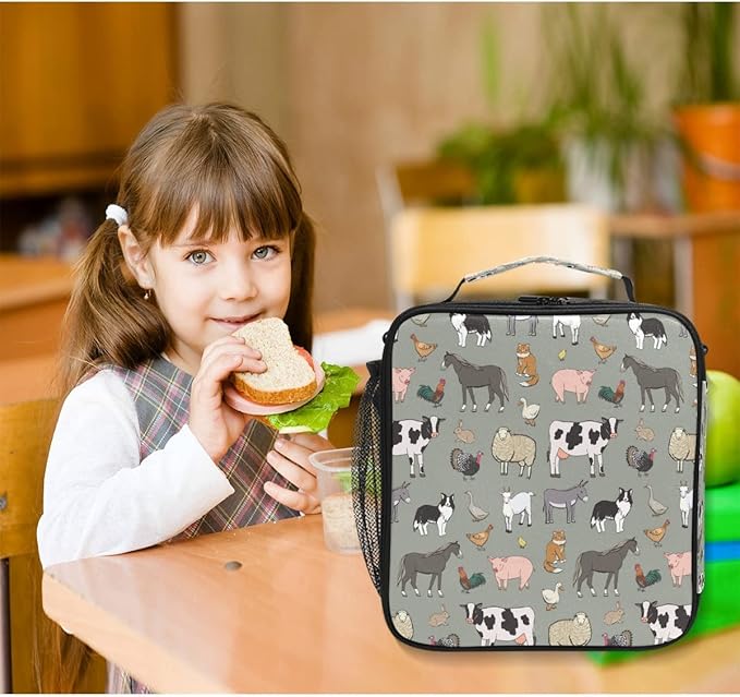 Nander Cartoon Farm Animals Lunch Box for Girls Kids Cooler Insulated Lunch Tote Bag with Shoulder Strap for School