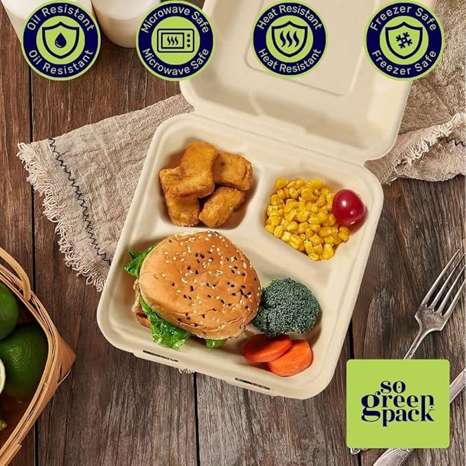 50 Packs Disposable 8x8 Clamshell with 3 Compartments Take-Out Container Compostable Biodegradable Bagasse & Eco-friendly To Go Container for Food