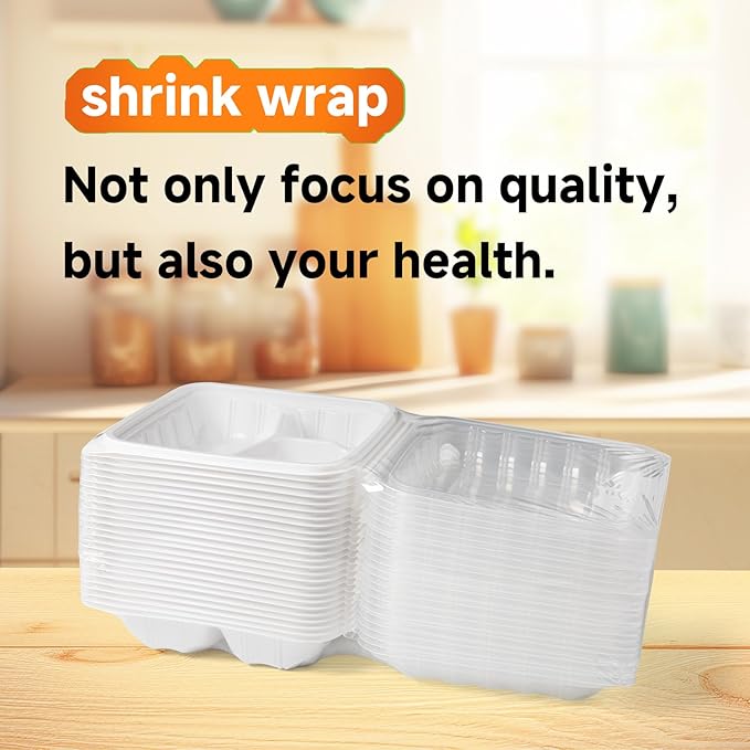 YANGRUI To Go Containers, Reusable Anti-Fog Shrink Wrap 25 Pack 8 x 8 Inch 34 OZ White Plastic Meal Prep Boxes BPA Free Microwave Freezer Safe 3 Compartment Clamshell Take Out Container