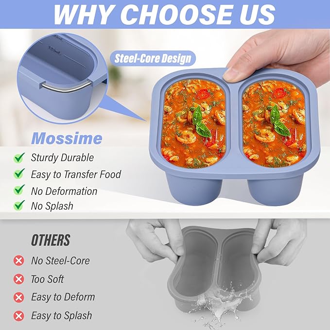Mossime Silicone Soup Freezer Molds: 1 Cup Silicone Freezer Trays with Lid - 4 Packs Easy Release Soup Freezer Containers - 250ml 125ml Portion Large Cubes for Ice Soup (4, Blue/Purple)