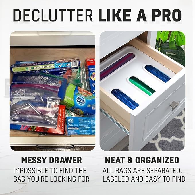 Food Storage Bag Organizer, 4 Slot Plastic Sandwich Bag Organizer for Kitchen Storage, Baggie Organizer for Drawer with Labels Included, Gallon, Quart, Sandwich, Snack, and Slider Bags