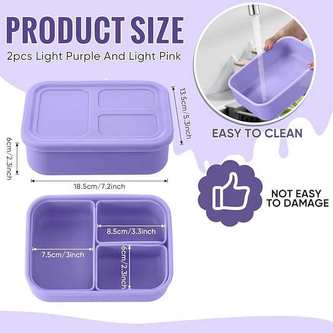 Baderke 2 Pcs Silicone Bento Box for Kids Lunch Box with 3 Compartments Leak proof lunch Container for Children Toddlers for Microwave, Freezer and Dishwasher(Light Purple, Light Pink)