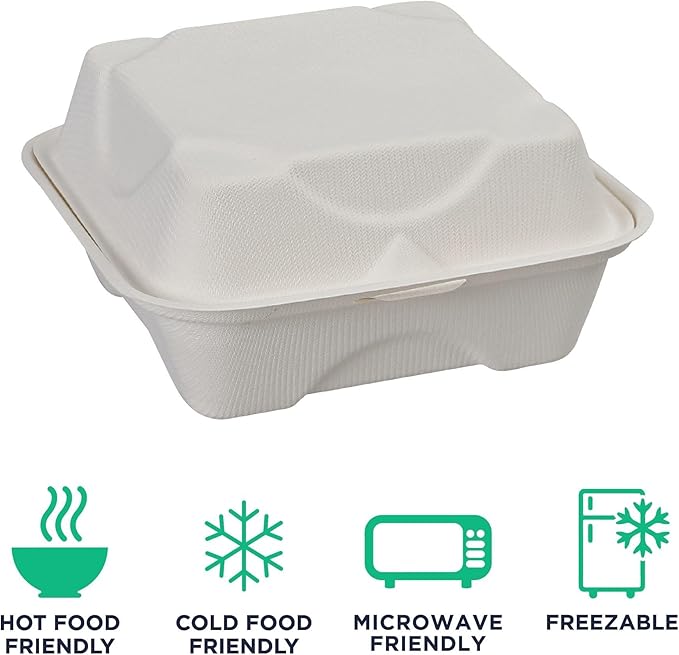 Eco-Products Compostable Vanguard 6" Clamshell Sandwich Containers, Case of 500, To Go Food Burger Box, White Renewable Molded Fiber, Grease Resistant, No-Added PFAS, ASTM Compliant, BPI-Certified