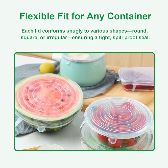 Silicone Stretch Lids – 6 Pack Reusable Food Covers,Flexible Silicone for Bowls, Containers, Fruits – Airtight & Leakproof Seal for Kitchen Storage(transparent)