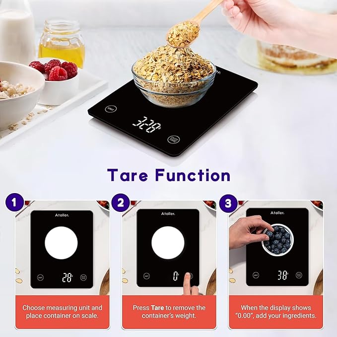 Ataller Digital Food Scale, Tempered Glass Panel, 10Kg/22lb Capacity, Kitchen Weighing Scales with LED Display and 1g Increments for Baking, Cooking, Keto and Meal Prep, Black