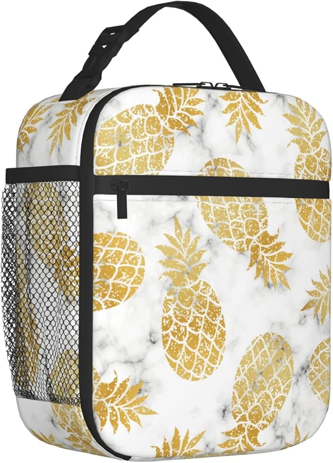 YETTA YANG Marble Gold Pineapple Portable Lunch Bag Insulated Lunch Box Reusable Totes For Women Men Work Picnic Camping