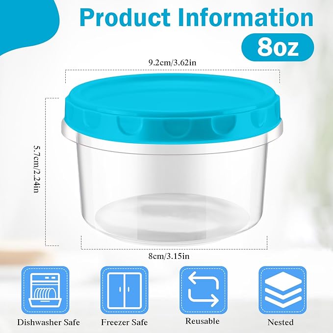 Sieral 36 Pack 8 oz/ 250 ml Freezer Containers with Lids Plastic Twist Top Deli Jars Reusable Freezer Storage Containers for Food Round Wide Mouth Lunch Snacks (Sky Blue)