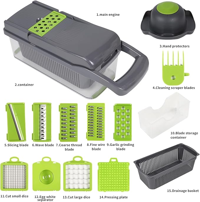 15 in 1 Professional Vegetable Multi-Functional Food Cutting Machine - Salad, Cheese Grater, Mandolin Slicer and Container