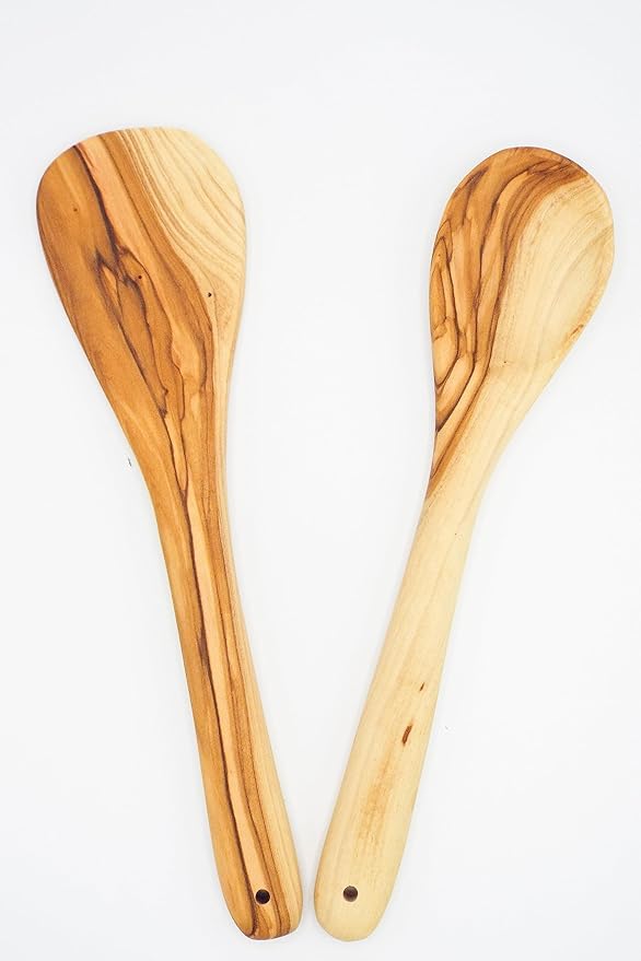 Olive Wood Spoon & Curved Spatula (10 Inch Set of 2 Pieces), Perfect for Camping & Daily Cooking Choice - Wooden Utensils, Turner/Spatula/Spoon, From Bethlehem