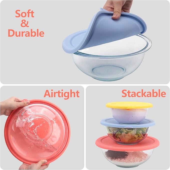 Silicone Replacement Lids Only Fit for Pyrex 322 1 Quart | 323 1.5 Quart | 325 2.5 Quart Prepware Glass Mixing Bowls, Food Grade Silicone Cover, Dishwasher & Microwave Safe (Bowl not included)- 3 Pack