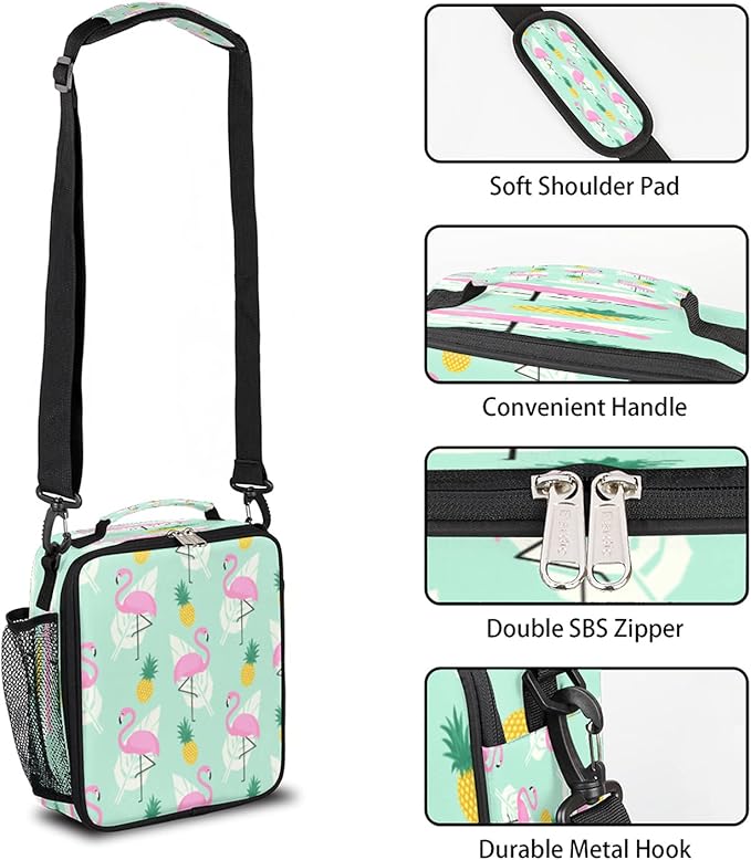 Flamingo Kids Lunch Box Pineapple Insulated Lunch Bag Tote for Girls Boys, Cooler Freezable Meal Prep Bag with Shoulder Strap Waterproof Lunch Container for School Office Picnic