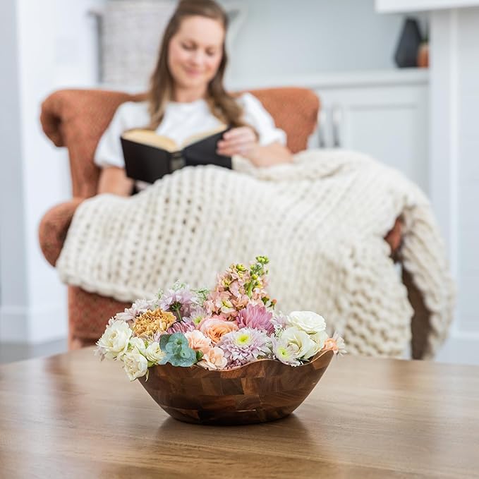 Wood Salad Bowl with Serving Utensils - Large Scalloped Decorative 12" Acacia Wooden Mixing Bowls Set with Spoons - Handcrafted Farmhouse Kitchen Serveware for Fruit, Pasta, Snacks and Home Decor