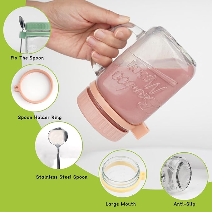 ANOTION Overnight Oats Containers with Lids and Spoons - 16 oz Mason Jars with Handle Set of 6 - Airtight Glass Meal Prep Containers for Oats Overnight, Yogurt Oatmeal Cereal Pudding Cups with Lids