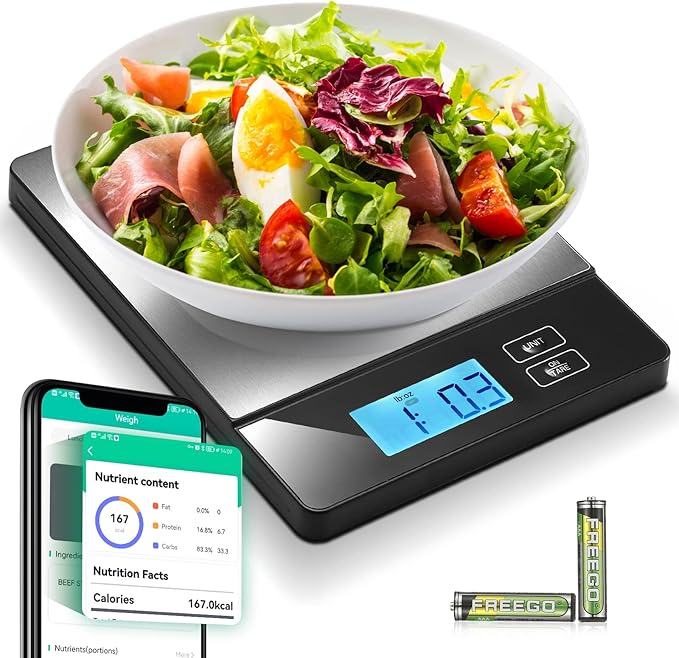 Smart Food Scales for Kitchen, Stainless Steel Digital Food Scale Grams and Ounces with Nutritional Calculator App, Food Weight Scale for Weight Loss, Calorie, Diet, Meal Prep 0.1oz / 11lb