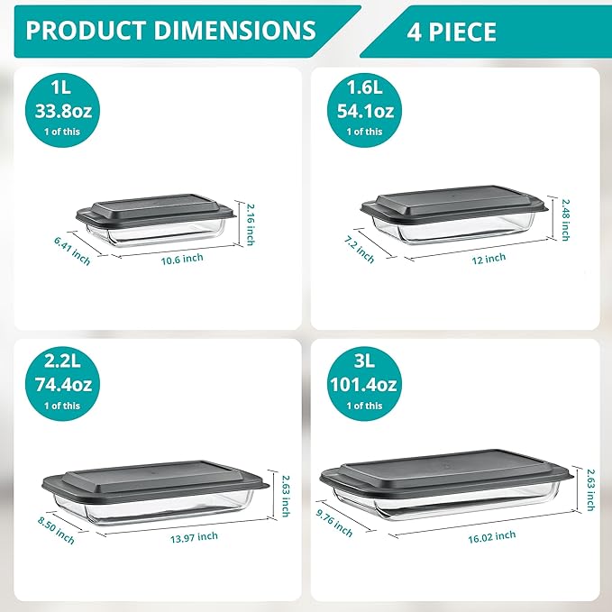 Sorbus 8-Piece Glass Baking Dish Set with Lids – BPA-Free, Airtight, and Safe for Dishwasher, Oven, and Freezer – Includes 4 Sizes for Meal Prep, Portion Control, Lasagna, and Healthy Eating