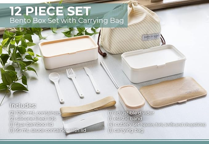 Saffron & Sage Bento Lunch Box - 42oz White Japanese style Bento Box for Adults or Kids with Cutlery, Chopsticks, Sauce Container and Bento Bag - Leak proof, Dishwasher, Freezer, Microwave safe