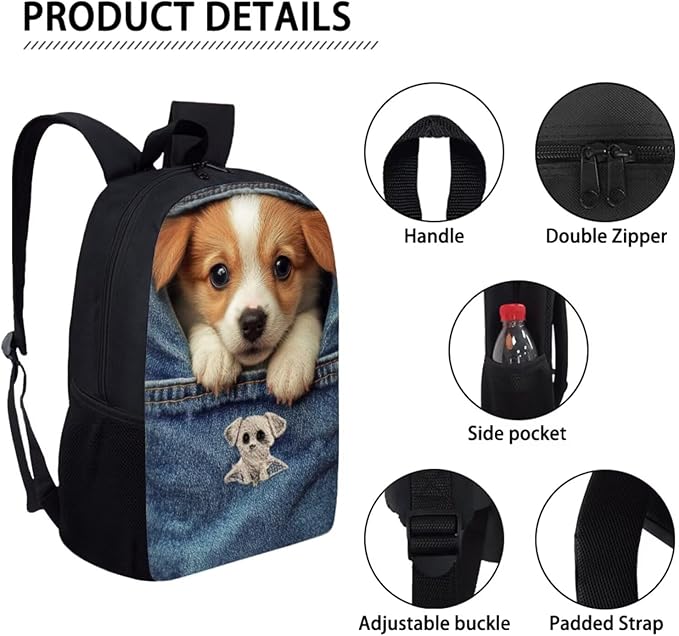 Dolyues Pocket Puppy Kawaii Girls 3-in-1 Backpack Kit: 17 Inch Kids Backpack, Insulated Lunch Bag & Animal Pencil Pouch - Multiple Pockets & Adjustable Straps