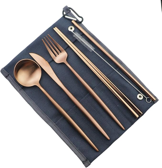 Reusable Travel Utensils, 7 Piece Portable 304 Stainless Steel including Knife Fork Spoon Chopsticks Cleaning Brush Straws Portable Pouch, Eco-friendly Camping Silverware Set, Dishwasher Safe