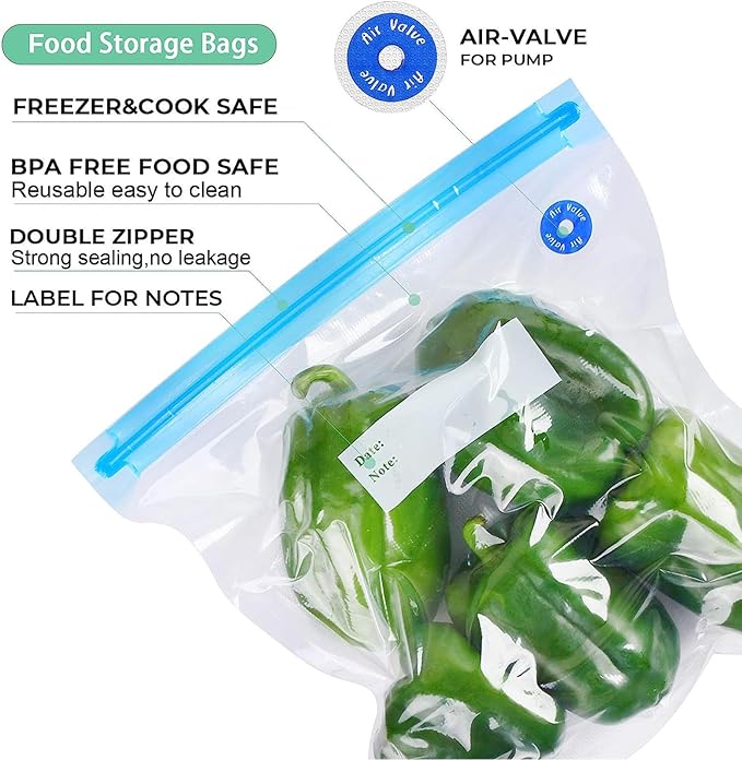 Sous Vide Bags 31 Pcs (24 Pcs Vacuum Zipper Bags & 2 Seal Clips & 5 Air Valves), Reusable BPA Free Vacuum Sealer Bags (11 * 10 in) Vacuum Food Storage Bags for Cooking/Food Storage/Microwave Heating