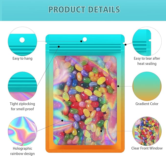 100 Pieces Resealable Mylar Bags, Smell Proof Bags with Clear Window for Food Storage Party Favor Packaging Small Business(Green&Orange, 5.5×7.8 Inch)