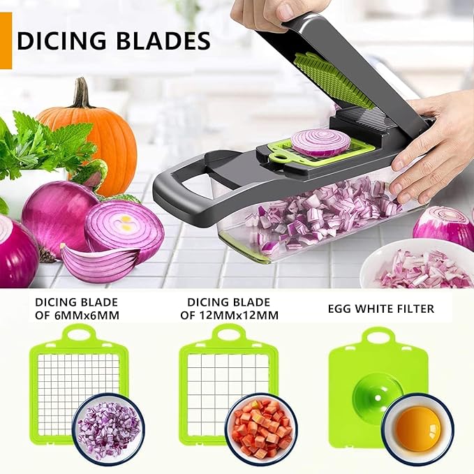 Vegetable Chopper, Onion Chopper, Mandolin Slicer,Pro 10 in 1professional food multifunctional Vegetable Chopper and Slicer, Dicing Machine, AdjustableVegetable Cutter Container (Gray>Green Mix)