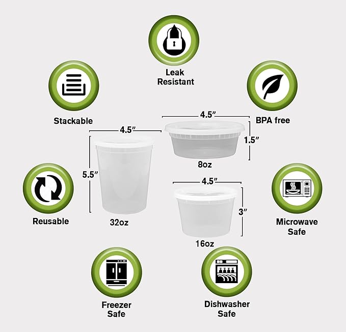 Deli Containers with Airtight Lids 50 Mix Sets (16oz- 25 Set, 32oz 25 Set) Perfect for Slime, Portion Control, Microwavable, Dishwasher, Freezer Safe, Leakproof, Stackable