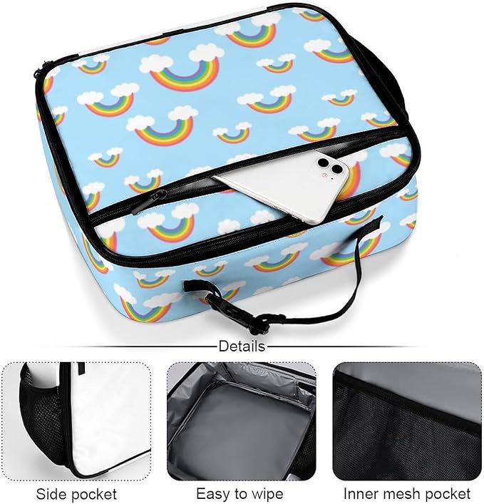 Blue Sky Rainbows Reusable Lunch Box Insulated Lunch Bag Cooler Bag Lunchbox Meal Food Container Tote Bag for Women Kids Girls School Camping Hiking Picnic Beach Travel