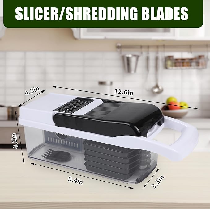 Multifunctional vegetable cutter 23 in 1 vegetable slicer, cucumber slicer, potatoes, tomatoes, zucchini, garlic, eggs, vegetable cutter with container and lid, salad cutter, dicing machine, shredder
