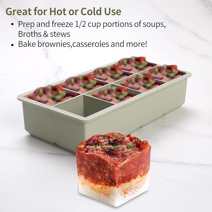 1/2 Cup Silicone Freezer Tray With Lid - Silicone Freezer Molds 2-Pack For meal prep & freezing of various sauces and other dishes, makes 16 perfect 1/2 cup portions cubes(Green 2 Pack)