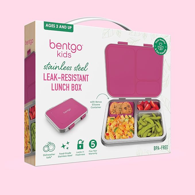 Bentgo Kids Stainless Steel Leak-Resistant Lunch Box - 3-Compartments with Bonus Silicone Container, Durable, Eco-Friendly, Dishwasher Safe, BPA-Free, Ideal for School, Ages 3+ (Fuchsia)