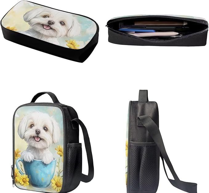 Dolyues Sunflower White Dog Girls BackpackSet: 17 Inch School Bag with Name Tag, Coordinating Lunch Box Bag & Butterfly Pencil Case - Perfect for Birthday & Back-to-School