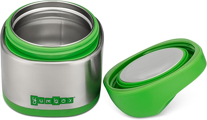 Yumbox Cubi Triple Insulated Stainless Steel Thermal Jar for Hot & Cold Lunches, Kids Size, Easy Open and Carry Handle, Unique Rounded Square Jar and Non-Slip design (Apple Green)