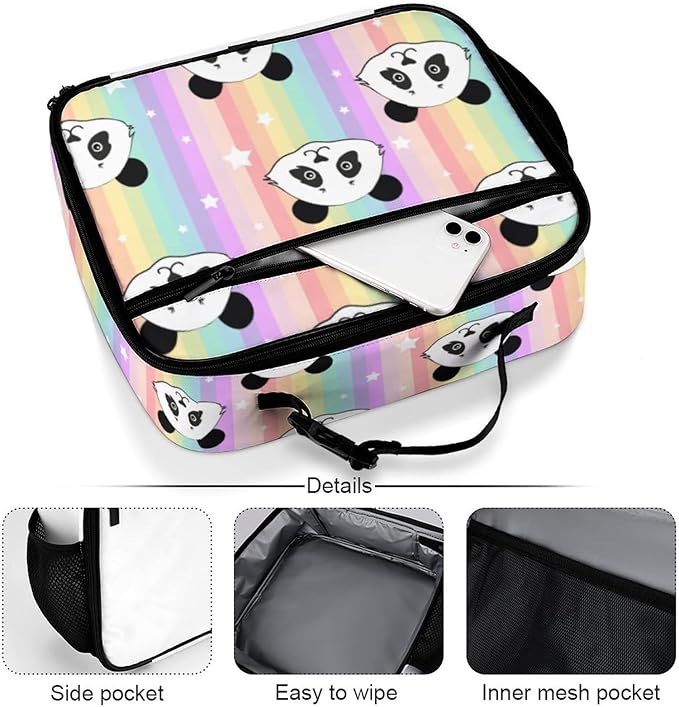 Rainbow Panda Reusable Lunch Box Insulated Lunch Bag Cooler Bag Lunchbox Meal Food Container Tote Bag for Women Kids Girls School Camping Hiking Picnic Beach Travel