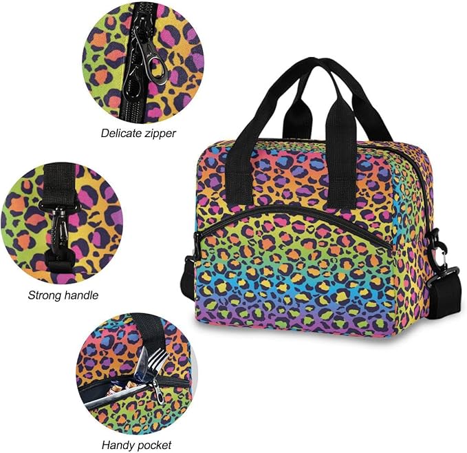 MNSRUU Insulated Lunch Bag - Rainbow Gradient Leopard Lunch Box with Adjustable Shoulder Strap - Reusable, Leakproof Cooler Bag for Work, School