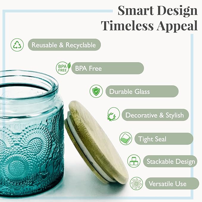 12 oz Decorative Glass Storage Jars with Airtight Bamboo Lids - 8 Pack Blue - Sunflower Embossed Spice, Candle & Home Organizer Set